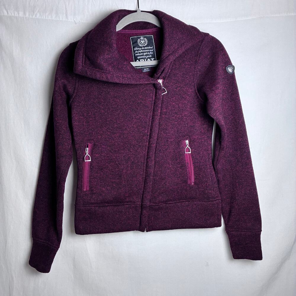 Ariat Womens Fleece Jacket Size XS Asymmetric Zip Heathered Burgundy Equestrian